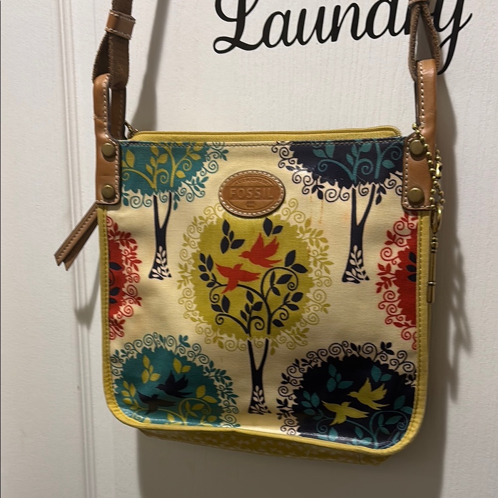 Fossil Yellow and Blue Crossbody Bag with Artistic Design